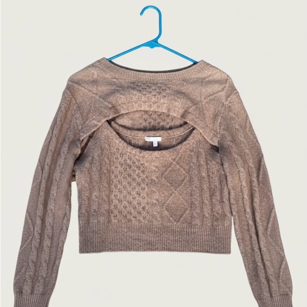 Gianni Bini Women’s Cable Knit Cutout Sweater Size M Tan Cropped Layered Look